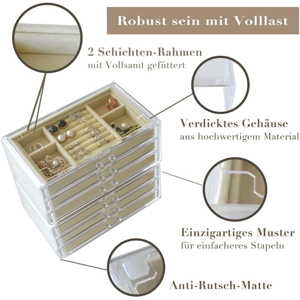 Smykkeæske til kvinder med 3 skuffer, fløjlsbeklædt smykkeorganisator til øreringe, armbånd, halskæder og ringeopbevaring, klar akryl smykkeæske