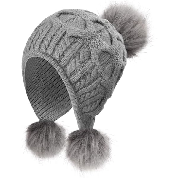 Talvihattu naisille, neulottu tupsulla, tuulenpitävät korvaläpät Grey