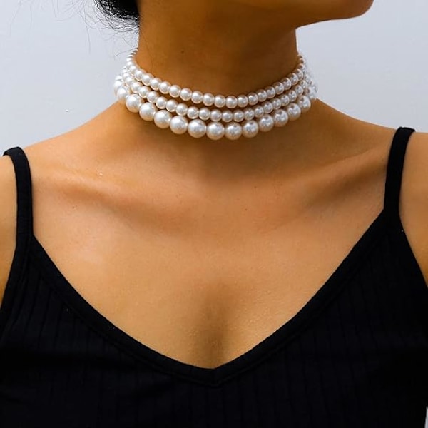 Imiteret Perlehalskæde Choker Multi-Strands Perlechoker Vintage Perlehalskæde til Kvinder Piger Fest Galla Bryllup Fødselsdag Smykkegave