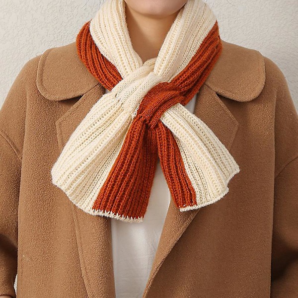 Liten Halsduk Kort Dam Höst och Vinter Korsstickad Halsduk Koreansk Stil Färgblock Allt-matchande Caramel beige 23*88cm