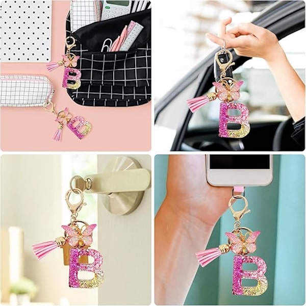 Alfabetet nøglering ringe Pink Cute nøglering med sommerfugl kvast vedhæng indledende bogstaver B