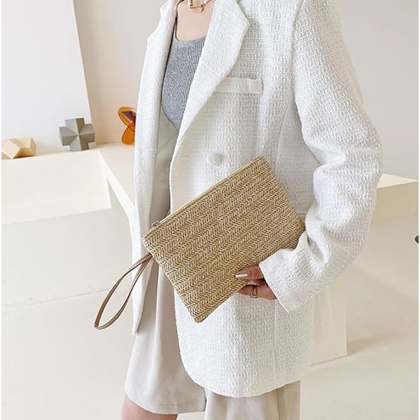 Dame Straw Clutch Taske Bohemian Sommer Strandtasker Vævet Håndtaske Kvinder Håndtaske Pung Lynlås Wristlet Taske Straw Clutch Pung Straw Håndtaske Beige