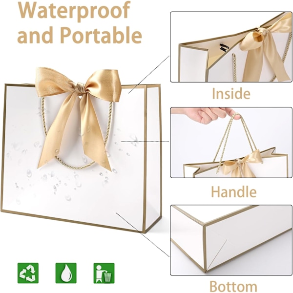 Presentpåsar för presenter, presentpåsar i papper med rosettband, presentpåsar för bröllop, brudtärnor, födelsedag, fest, firande, 12,6 x 9,8 x 3,9 tum white-gold