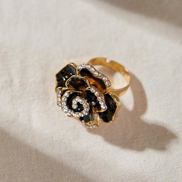 Rosblommiga Löftesringar för Kvinnor och Flickor, Statement Diamanter, Kristall 3D Emaljblommor, Justerbara Öppna Wrap-Fingrar