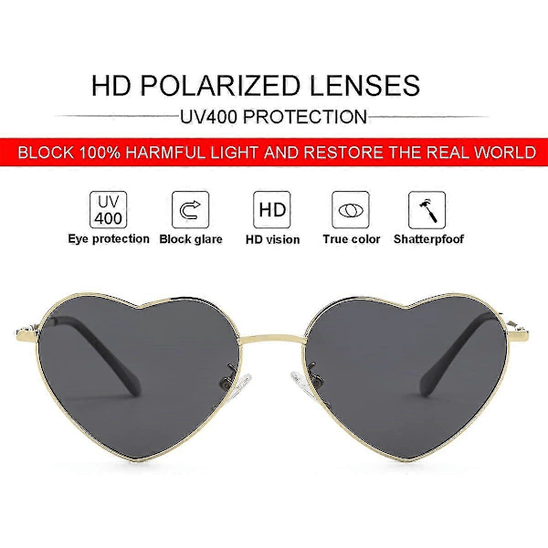 SDIGV Polariserte Hjerte Solbriller for Kvinner Mote Nydelig Stil Metallramme UV400 Beskyttelse Linse Gold Grey