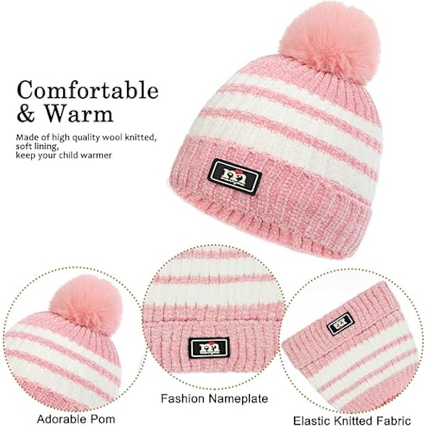3-pack Vintermössa, Halsduk och Vantar för Barn 2-8 år - Pojkar och Flickor. Vintertillbehör Set, Tjock Stickad Varm Fleecefodrad Termisk Set Pink