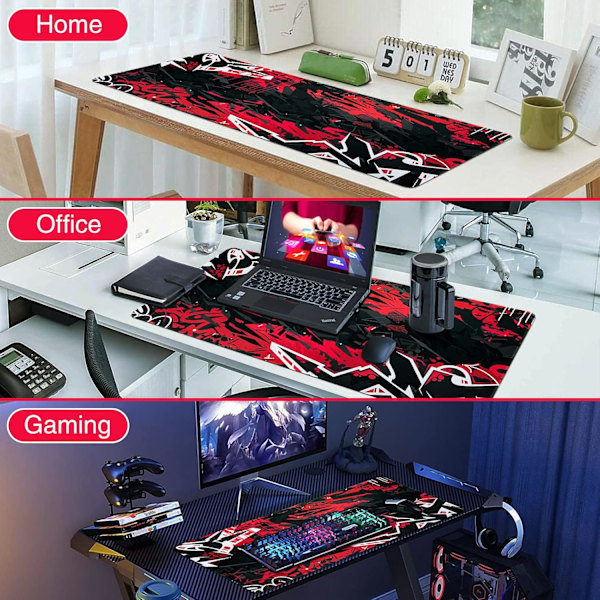 Gaming Mousepad, Udvidet Mousepad 800 x 400 mm, Computer Tastatur Mouse Mat Desk Pad med Skridsikker Gummibund og Syet Kant til Gaming Arbejde Black Red XXL