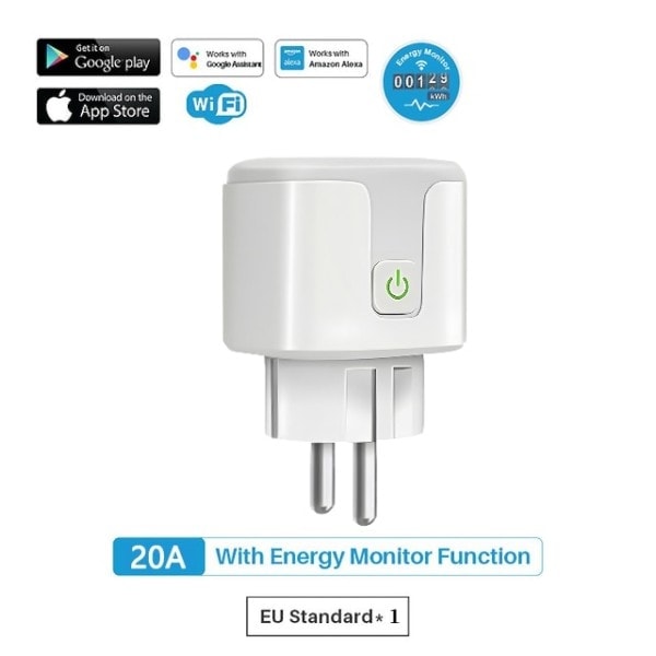 WiFi Smart Plugg 16A/20A EU Smart Sokkel med Strømmonitorering, Tidtaking og Stemmestyring