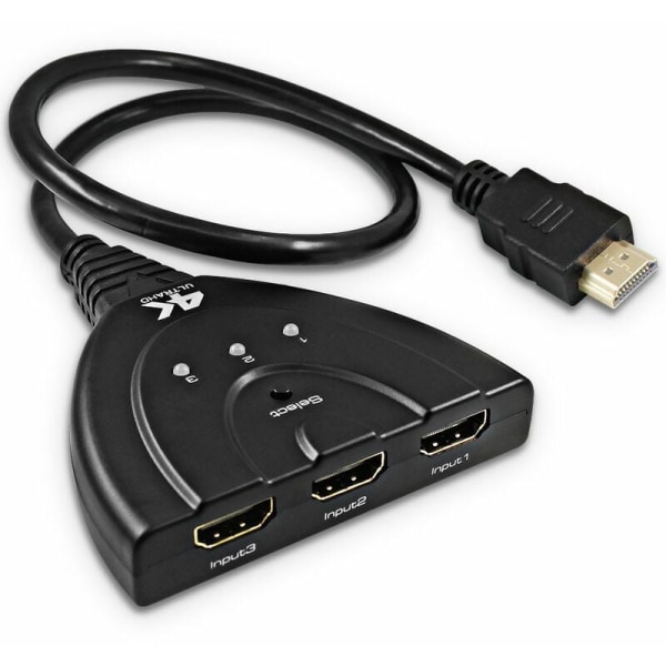 HDMI-switcherkabel med port, understøtter 1080P 3D 4K UHD, 3 HDMI-indgange og 1 udgang, gratis enhedsomskiftere