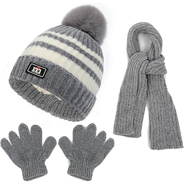 3-pack Vintermössa, Halsduk och Vantar för Barn 2-8 år - Pojkar och Flickor. Vintertillbehör Set, Tjock Stickad Varm Fleecefodrad Termisk Set Grey