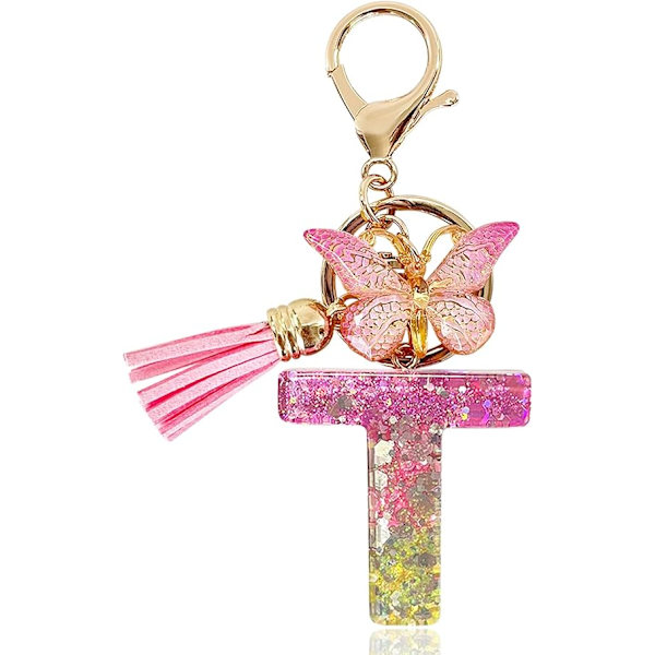 Alfabetet nøglering ringe Pink Cute nøglering med sommerfugl kvast vedhæng indledende bogstaver T