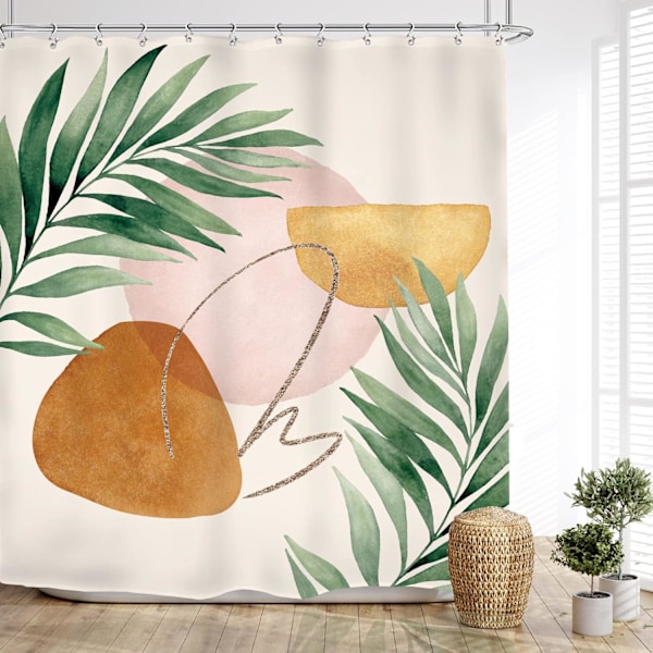 Dusjforheng i Mid-Century Vintage-stil - Abstrakt Bohemsk Tropisk Palmblader - 12 Kroker (150cm * 180cm) Akvarellblader 150*180CM