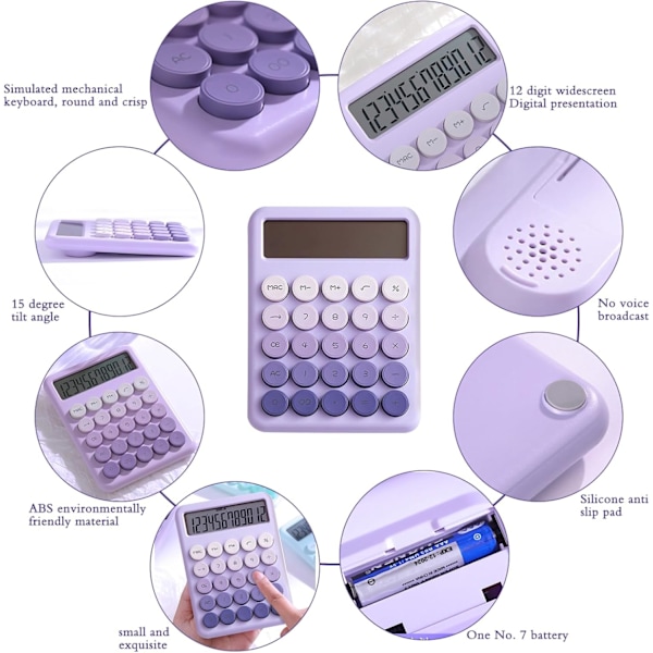 Mekaninen laskukone, 12 numeron suuri LCD-näyttö ja suuret pyöreät painikkeet, gradienttiväri, pöytälaskin, 15° kalteva näyttö, elektroninen laskukone Purple