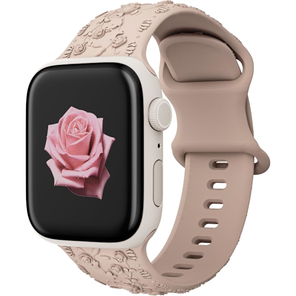 Kaiverrettu ranneke Apple Watch -hihnoille iwatch-hihna naisille, pehmeä silikoninen ruusun kukkakuvioinen hihna iWatch-sarjan hihnalle Milk Tea/Brown 38/40/41mm