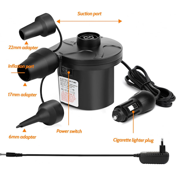 Sähköinen ilmapumppu, DC 12V sähköinen ilmapumppu AC 230V kannettava sähköinen ilmapumppu 3 suuttimella (ei akkua)