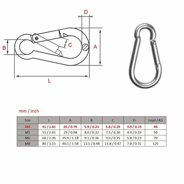 M4 4×40 mm fjäderbelastad karbinhake - 304 rostfritt stål - 10-pack - Trådlås