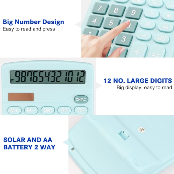 Pöytälaskin, Kompakti 12-numeroinen Solar-akkutoiminen toimiston elektroninen laskin LCD-näytöllä, Kaksoisvirtalähde Tieteelliset laskimet Blue