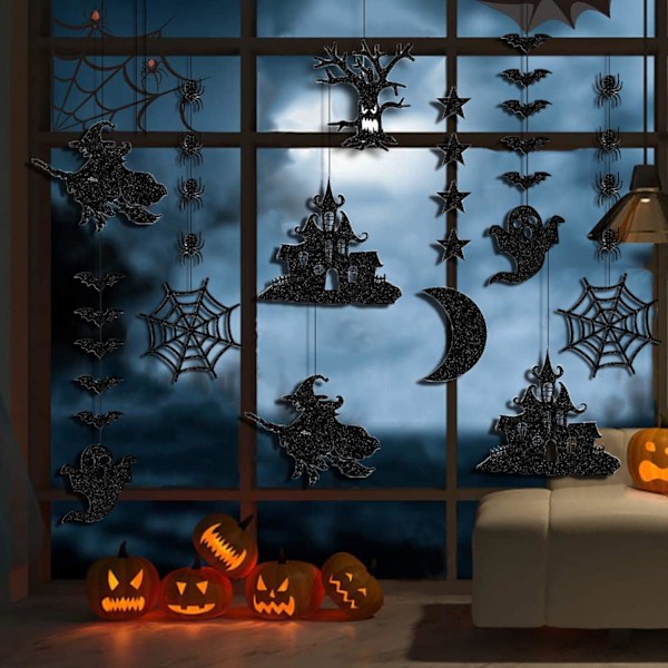 Halloween Flaggermus og Edderkopp Hengende Sett, 12 stk Halloween Ornamenter Svarte Glitter Flaggermus Heks Edderkoppnett Spøkelse Banner Girlander, Skummel Tema Veggklistremerker Hengende