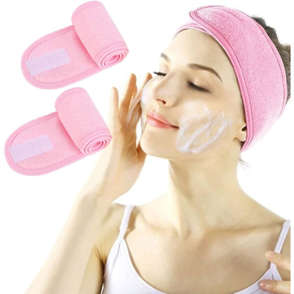 Ansigtshovedbånd - 2 stk. Makeup Wrap Hoved Dusch Sport Terry Klud Hovedbånd Justerbar Stræk Håndklæde Med Magisk Tape Pink+Pink