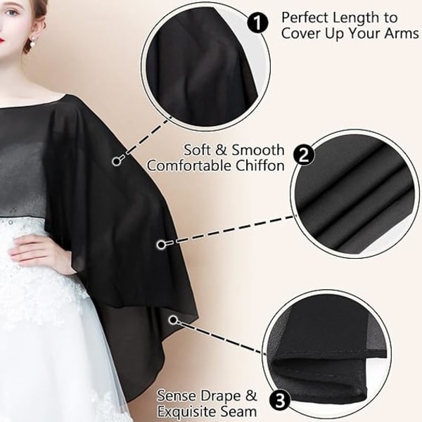 Gennemsigtig Chiffon Cape, Bløde Capes til Kvinder, Letvægts Sjaler og Wraps til Festkjole, Sort
