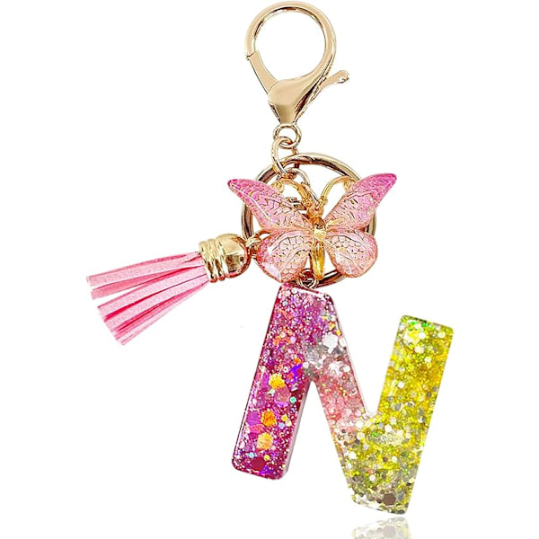 Alfabetet nøglering ringe Pink Cute nøglering med sommerfugl kvast vedhæng indledende bogstaver N