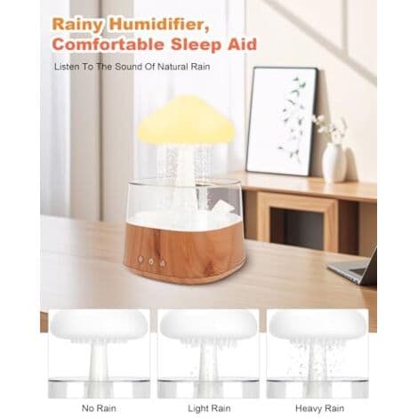 Regnskyer Effekt Luftfugter - 450ml Luftfugter, Aroma Diffuser med Omgivelseslys (30dB), 3 Befugtningstilstande, Regn Effekt Svampelampe