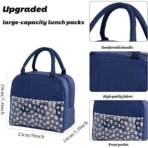 Isolert lunsjveske for kvinner, bærbar vanntett kjøleveske med tusenfrydmønster, transparent rom, lunsjveske Navy Blue