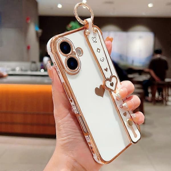For iPhone 16 Plus-deksel Håndleddsstropp Støtteben Kjærlighetshjerte TPU Telefondeksel Fingerholder Multicolor Style C