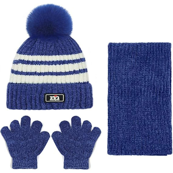 3-pack Vintermössa, Halsduk och Vantar för Barn 2-8 år - Pojkar och Flickor. Vintertillbehör Set, Tjock Stickad Varm Fleecefodrad Termisk Set Blue