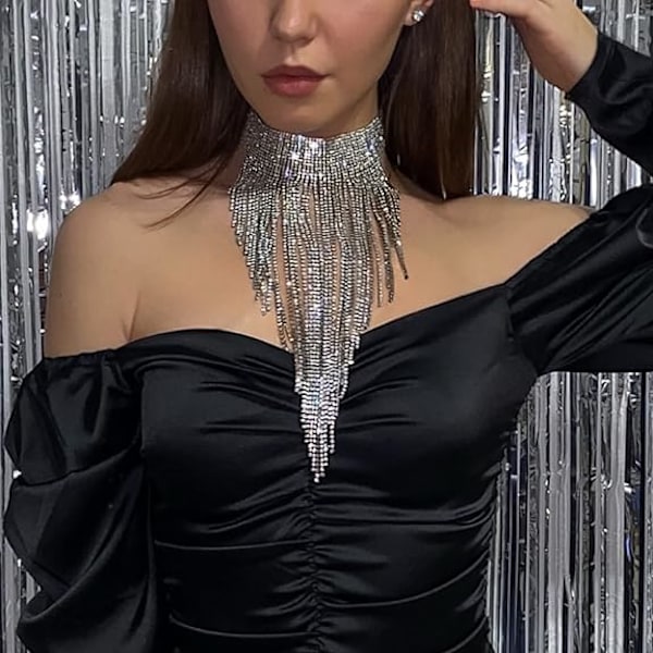Rhinestone Statement Halskjede for Kvinner Tassel Bib Choker Krage Chunky Kostymesmykker B