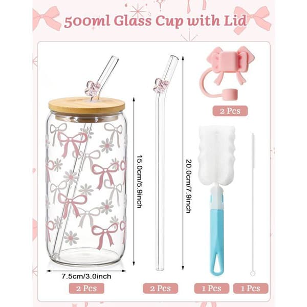 Set med 2 Bubble Tea-glas 500 ml - Rosa borosilikatglas med lock och sugrör - Matcha-kopp för kaffe