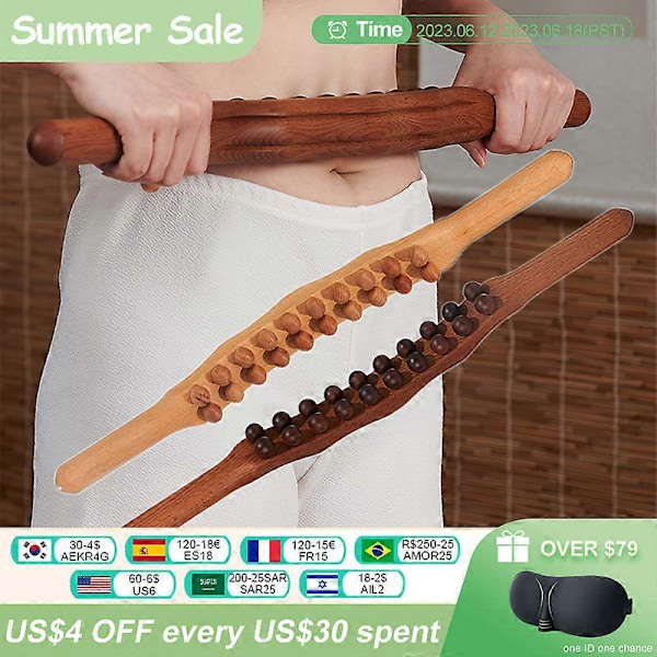 Träterapi Lymfdränage Massage Roller Stick Verktyg Fascia Blaster Mage Cellulit Massager för Nacke Rygg Midja Arm Ben 8 Beads Carbonized