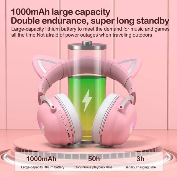 Fargerikt lysende Bluetooth-headset med katteører - Lang batteritid, stabil overføring og praktisk bruk pink