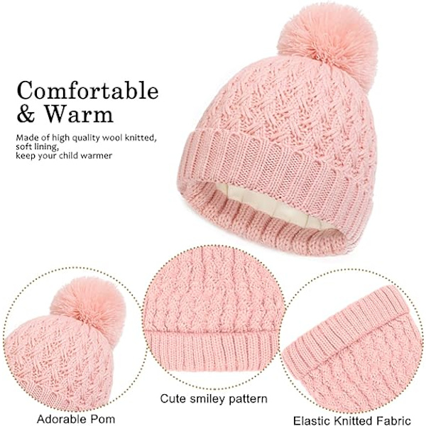 Vintermössa, Halsduk och Vantar Set för Barn, 3-Delar Stickad Varm Crochet Tjock Fluffig Halsduk Pom Pom Mössa Två Fingrar Touch Screen Vantar Set Pink