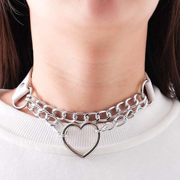 Punk Goth PU Läder Choker Halsband med Hjärthänge Berlocker Choker för Kvinnor Män E