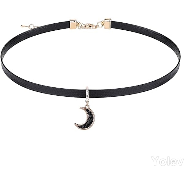 Svart läderhalsband för kvinnor Svart krage Halsband Gotisk Goth Choker Halsband Smycken Present till kvinnor Flickor Moon Pendant