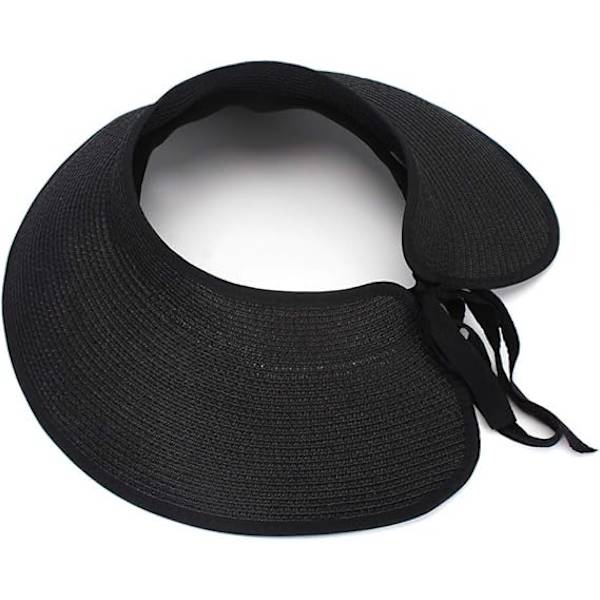 Stor Strandhatt i Halm för Kvinnor, Vikbar Bredbrättad Hatt för Dam, Solskydd, Bucket Hat med Rosett Black