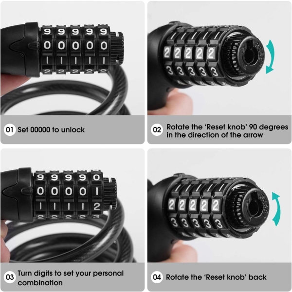 Sykkellås med 5-sifret kode, 1,2 m/4 fot sykkellås kombinasjonskabelås lett og sikker sykkelkjederlås for sykkel Black