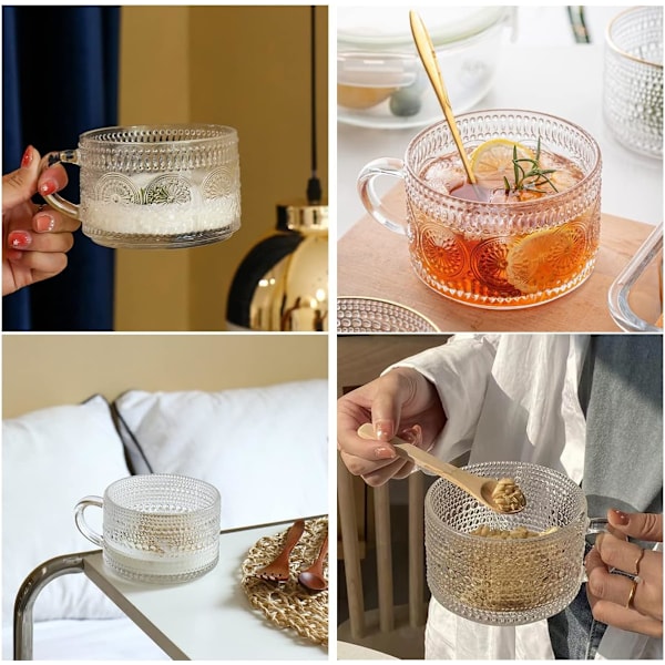 2 stk Vintage Kaffe Kopper, 400Ml Glas Te Kopper med Skeer, Klar Præget Glas Kopper, Glas Kaffe Kopper