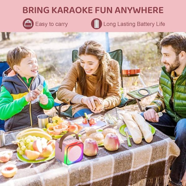 Børne Karaoke Maskiner med 2 Mikrofoner, Bærbar Bluetooth Højttaler med Farverige LED Lys, Stemmeændring, Mini Karaoke Maskine til Fødselsdagsgaver Pink