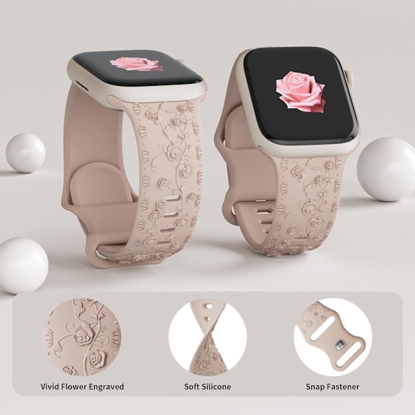 Gravert Rem for Apple Watch-reimer, iwatch-reim Kvinner, Myk Silikon Rose Blomstermønster Bånd for iWatch Series-reim Milk Tea/Brown 38/40/41mm