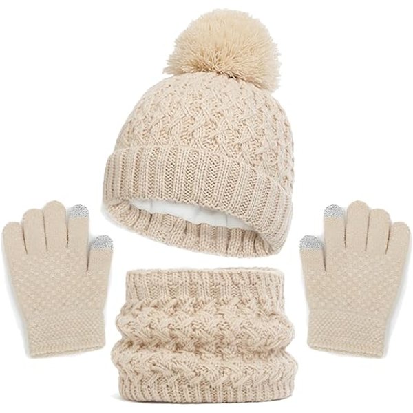 Vintermössa, Halsduk och Vantar Set för Barn, 3-Delar Stickad Varm Crochet Tjock Fluffig Halsduk Pom Pom Mössa Två Fingrar Touch Screen Vantar Set Beige