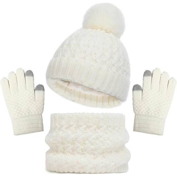 Vintermössa, Halsduk och Vantar Set för Barn, 3-Delar Stickad Varm Crochet Tjock Fluffig Halsduk Pom Pom Mössa Två Fingrar Touch Screen Vantar Set White