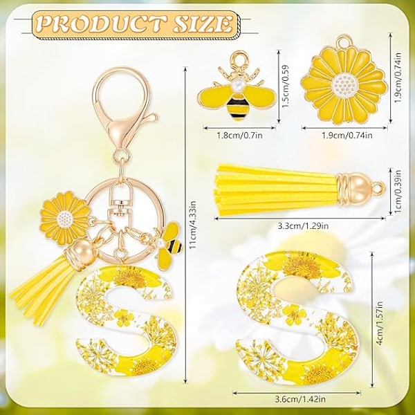 Brev A Nyckelring Resin Alfabetet Nyckelringar, Gula Kronblad Guldfolie Nyckelring Berlock med Daisy Bee Tassel Hänge, Nyckelkedja S