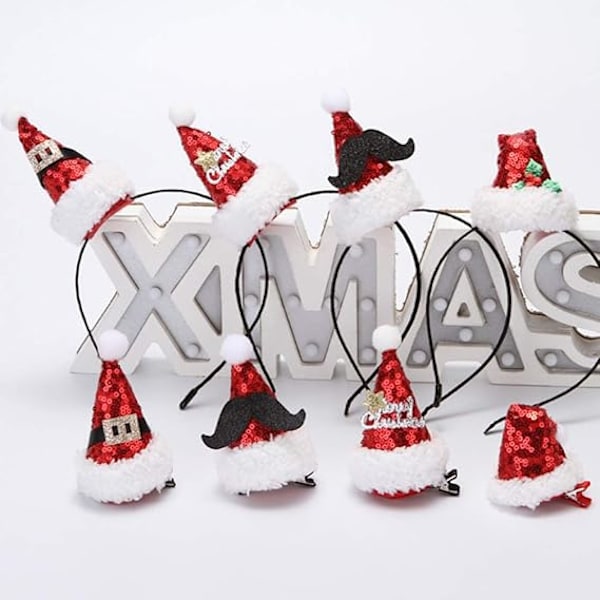 8 st Mini Julhatt Hårklämma Julhatt Hårband Glitter Tomteluva Hårklämmor Hårband Tomteluva för Barn Vuxna Jultomten
