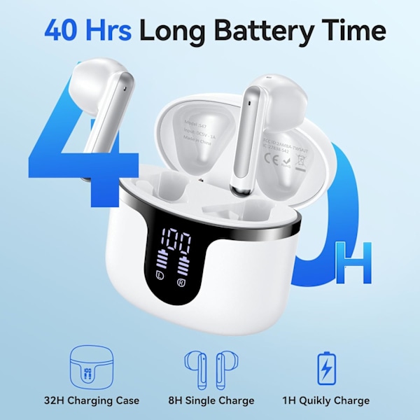 Bluetooth Hodetelefoner, Bluetooth 5.3 Trådløse Ørepropper med LED-indikator, IP7 Vanntette Øretelefoner