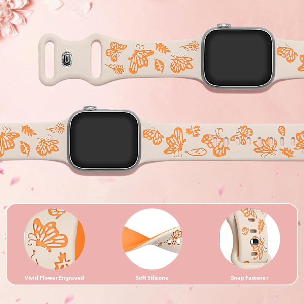 Blommig graverad rem för Apple Watch-remmar, damklockarmband, silikonblommig fjäril sportband för Apple Watch-serien Starlight Orange 38/40/41mm