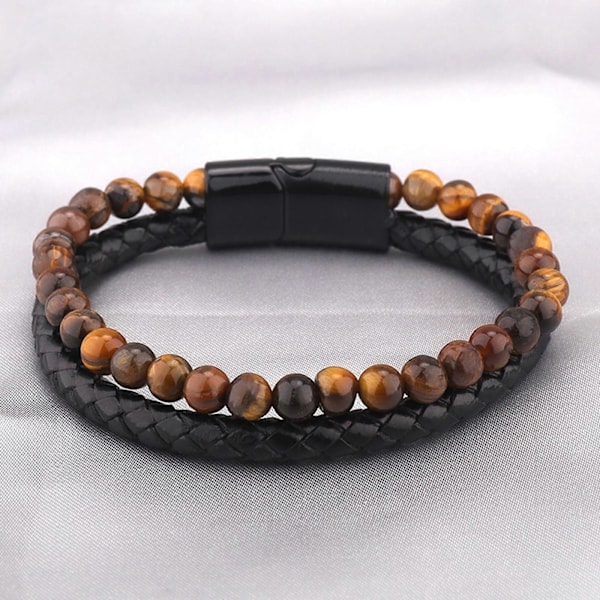 Håndlaget lær armbånd for menn med naturlige steiner - Perfekt gave 2