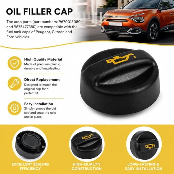 Oliepåfyldningsdæksel - 1 stk. - Robust ABS - Optimal forsegling - Peugeot Citroën C2 C3 208 308 - Sort