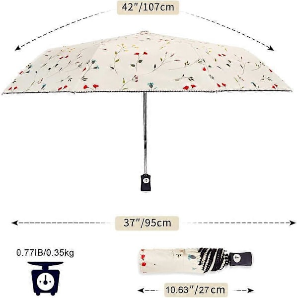 UV Solparaply Kompakt Foldbar Rejse Paraply Automatisk Åbning og Lukning Vindtæt, Vandafvisende & 99,9% UV Beskyttelse Parasol med Sort Anti-UV Belægning